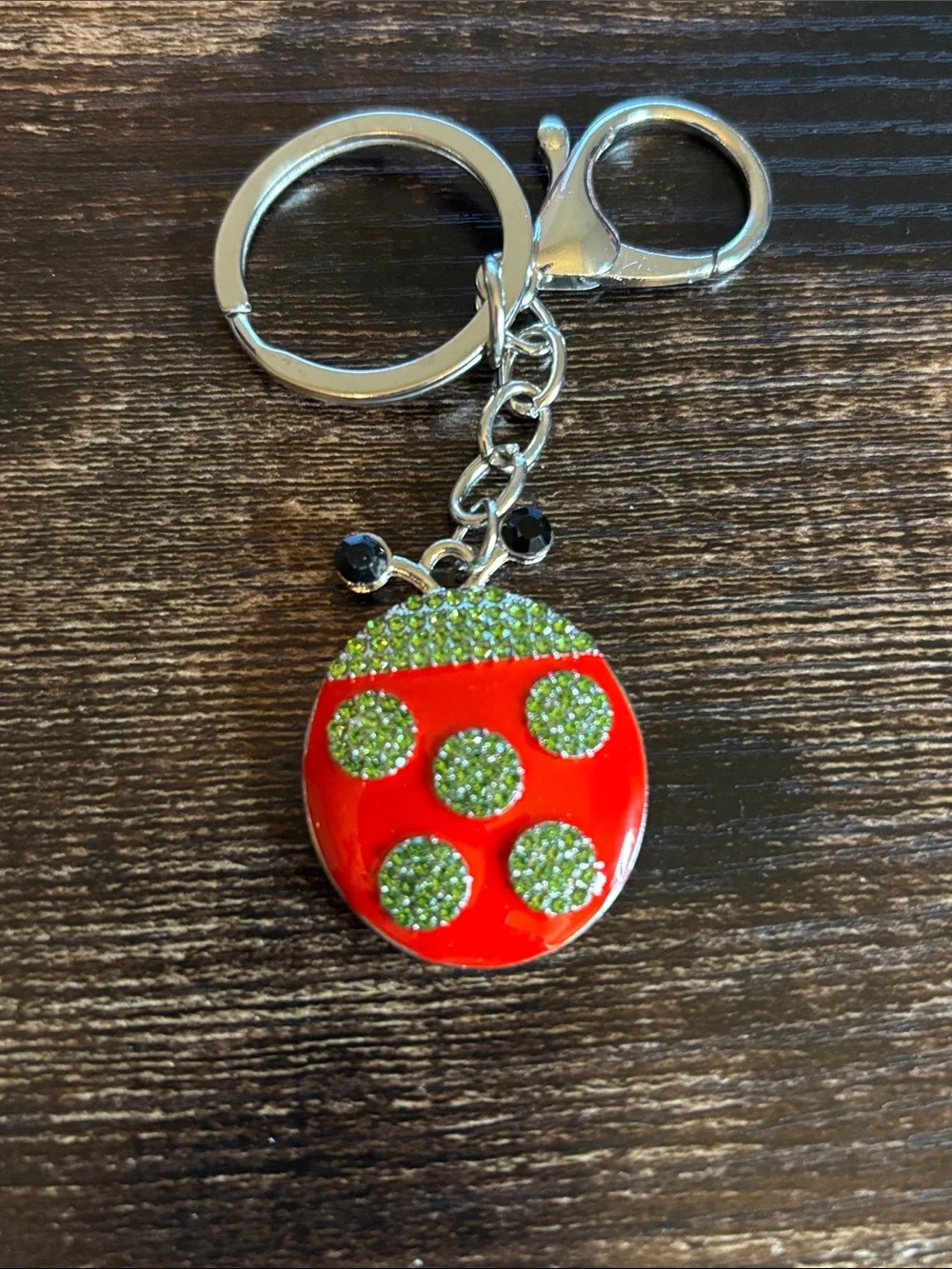 Red and Lime Green Rhinestone Crystal Dot Ladybug Keychain